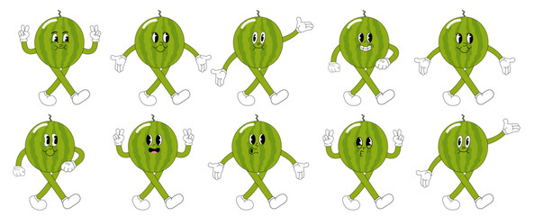 A Set of watermelon cartoon groovy stickers with funny comic characters, gloved hands. Modern illustration with legs and arms.	
