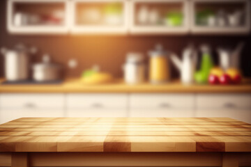 Naklejka na ściany i meble Empty wooden kitchen table with blurred background Generative AI