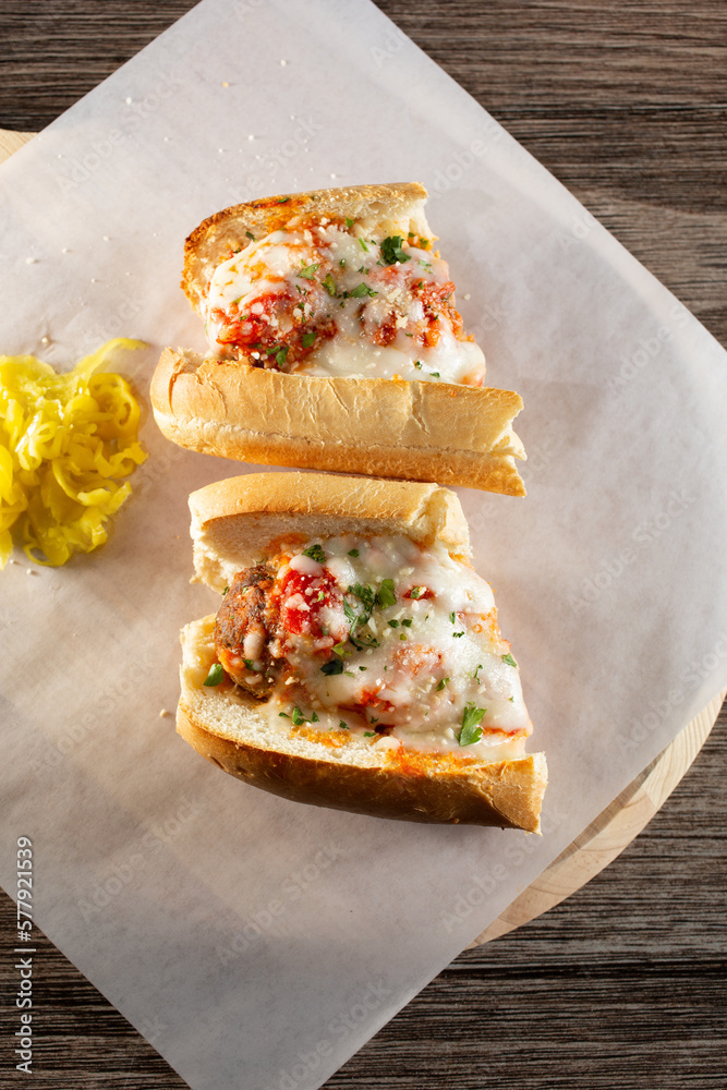 Wall mural A top down view of a meatball sandwich.