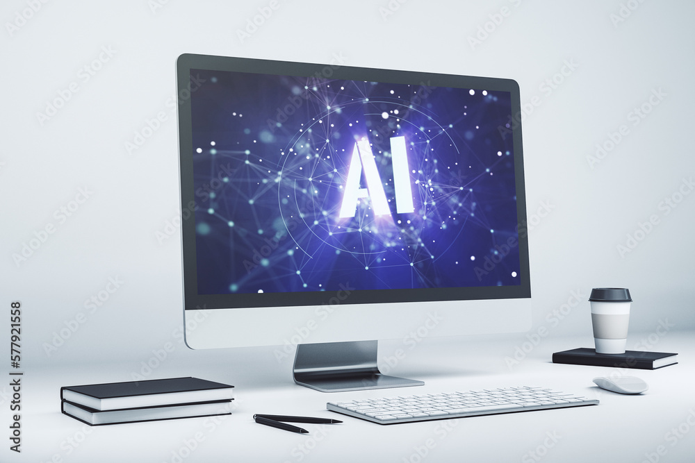 Poster creative artificial intelligence symbol concept on modern laptop screen. 3d rendering