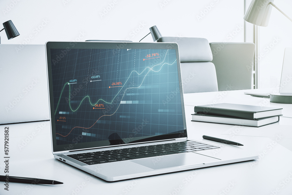 Poster abstract creative statistics data hologram on modern computer monitor, analytics and forecasting con