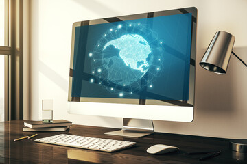 Fototapeta premium Digital America map on modern laptop screen, international trading concept. 3D Rendering