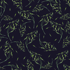 Floral seamless pattern of wild oats isolated on dark background. Hand painting for postcard, poster, scrapbooking, invitations, background, prints, wallpaper, fabric, textile, wrapping.
