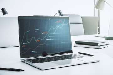 Abstract creative statistics data hologram on modern computer monitor, analytics and forecasting concept. 3D Rendering