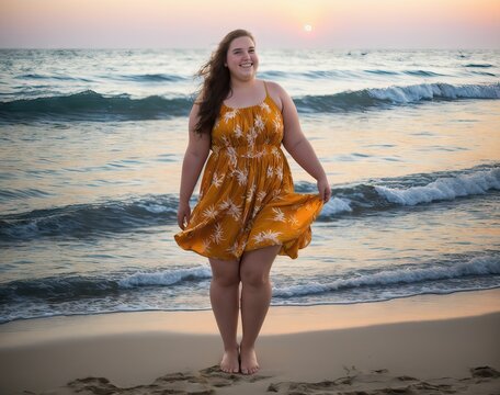 Plus Size Fat Young Teenage Girl In Dress On Tropical Beach At Sunset. Generative AI