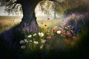 Obraz premium Spring flowers under a tree in a meadow, generative ai
