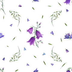 Watercolor seamless pattern of bluebells, wild oats isolated on white background. For postcard, poster, scrapbooking, invitations, background, prints, wallpaper, fabric, textile, wrapping.