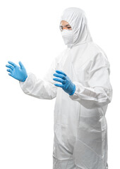 Worker wears medical protective suit or white coverall suit extend empty hands