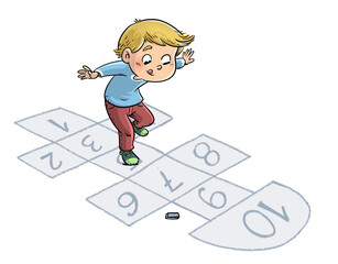 Illustration of boy playing hopscotch