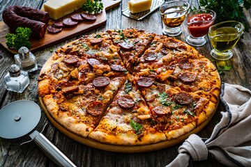 Circle pizza chorizo  with chicken nuggets and mozzarella, on wooden table
