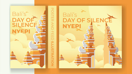 Bali's day of silence nyepi, hindu new year, selamat hari raya nyepi vector illustration hindu statue temple silhouette for banner, poster, template, social media feed - obrazy, fototapety, plakaty