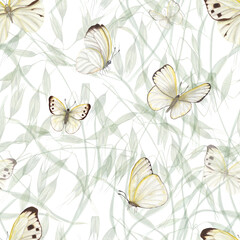 Watercolor seamless pattern of flying white butterflies isolated on background of wild oats. For greeting card design, invitation template, prints, wallpaper, fabric, textile, wrapping.