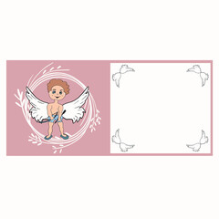 invitations to a children's party,flyer,children's book,illustration for a children's photo album,logo, retro children's bow with cupid's arrow, children's angel hearts receiving love in the heart, wi