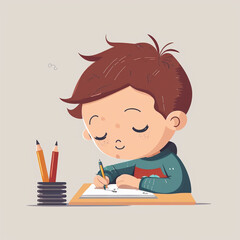Flat cartoon style, illustration, vector, icon, simple, design for a little boy learning to write, Generative AI