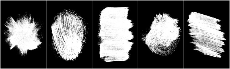 Set of scribble hand drawn in chalk on black background. Shabby white texture. Monochrome stain element. Rusted effect. Digitally generated image. Vector illustration, Eps 10.