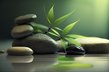 Eco spa background with stacked of stone and bamboo leaf. Generative AI.