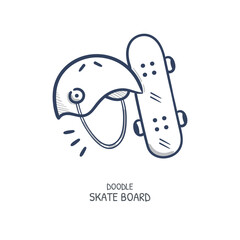 Skate board and helmet hand drawn icon illustration. Sport logo cartoon line vector drawing