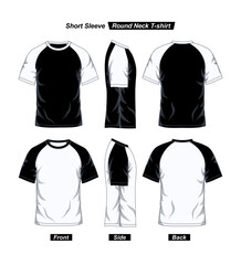 Front, side and back view of a short sleeve round neck raglan t-shirt, black and white