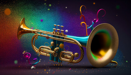 Colorful carnival background with realistic trumpets, Generative AI - obrazy, fototapety, plakaty