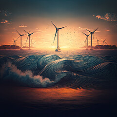 wind turbines at sunset, Generated AI, Generated, AI - obrazy, fototapety, plakaty