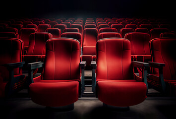 Empty red movie seats in theater - 577927198