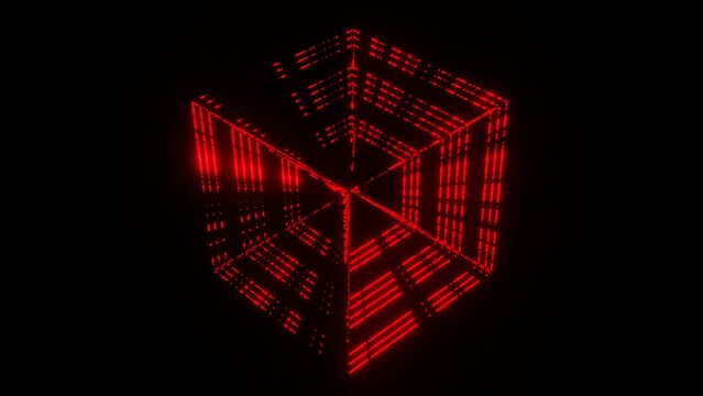 abstract animated background glowing with red flashes cube frame on a black background. 3d render animation