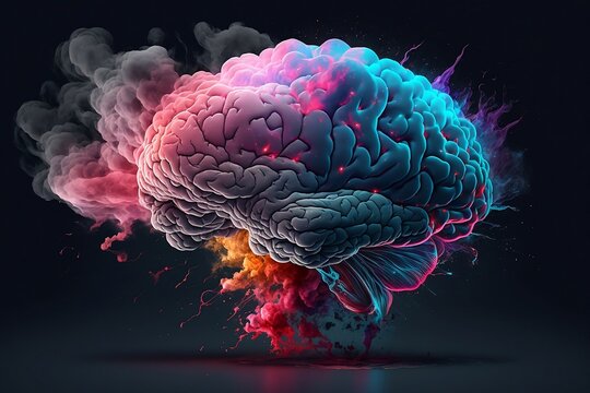 Creativity concept with a human brain exploding in colorful smoke. Generative AI