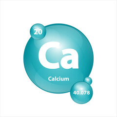 Calcium (Ca) icon structure chemical element round shape circle green dark, blue. Chemical element of periodic table Sign with atomic number. Study in science for education. 3D Illustration vector.