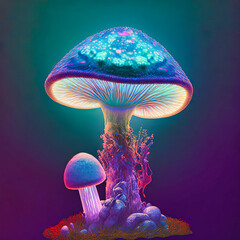 Magical mashroom in fantasy enchanted fairy tale forest with lots of brighness and lighting. Trippy mashroom cats psychodelic. Generative Ai