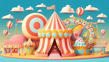 Fotobehang Colorful cartoon style carnival amusement park and funfair background, Generative AI © drizzlingstarsstudio