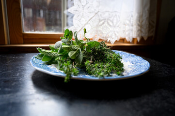 Beautiful blue plate of fresh herbs on black table by window sill