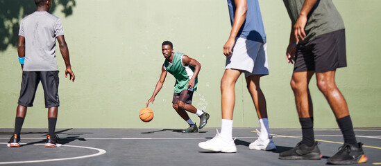 Sports, training and teamwork with man on basketball court for fitness, workout and exercise....
