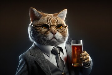 Portrait cat in business suit with glass of beer, smoking-jacket, greeting invitation card, generative ai - obrazy, fototapety, plakaty
