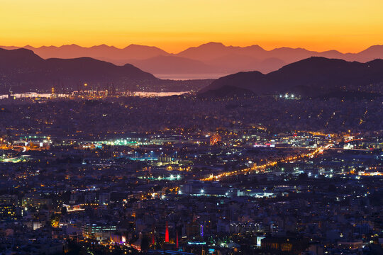 View of Athens from Lycabettus hill at sunset, Greece.