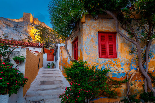 View of Acropolis from Anafiotika neighborhood in Athens.