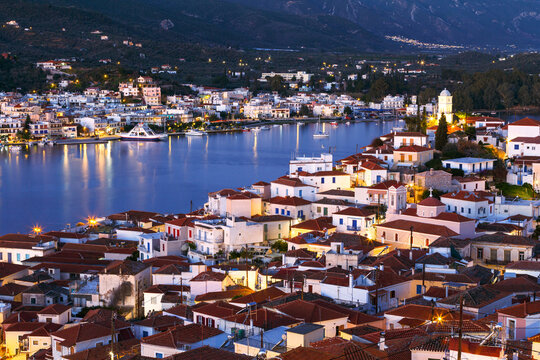 View of Poros island and Galatas village in Peloponnese, Greece.