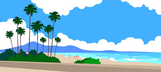 summer tropical beach  seascape sand ocean sea shore palm trees mountain  vector illustration