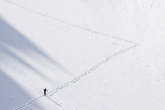 A backcountry skier in the Sawtooth Mountains near Stanley, Idaho.