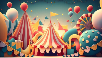 Colorful cartoon style carnival amusement park and funfair background, Generative AI - obrazy, fototapety, plakaty