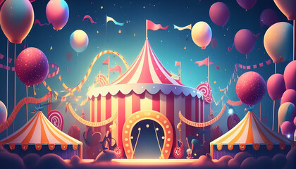 Colorful cartoon style carnival amusement park and funfair background, Generative AI