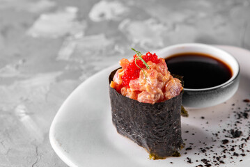 Gunkan Maki Sushi with Seafood on plate