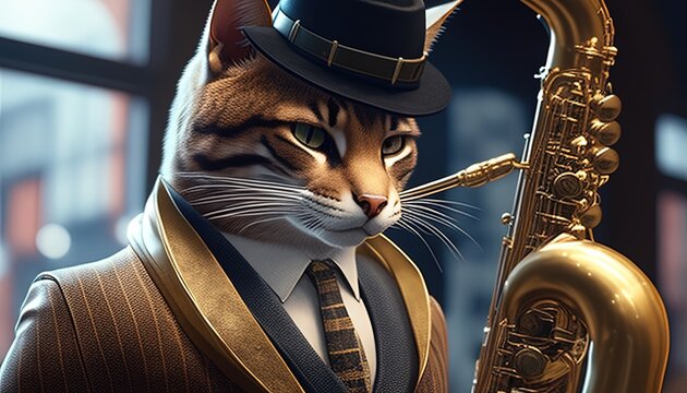 jazzy cat musician digital art illustration, Generative AI