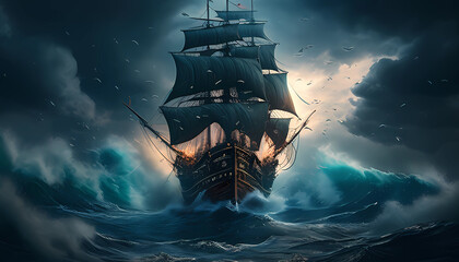 Pirate sailing ship. Generative AI. 