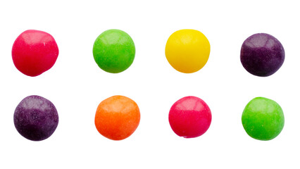 Colorful mix of dragees isolated on white background, top view. Small multicolored candies isolated. Glazed chocolate candies isolated on white background, top view. Multicolored dragee collection.