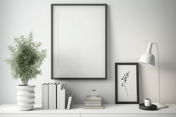 This stunning illustration features a white room with a blank frame on the wall, set against a minimalist background, providing the perfect interior design inspiration