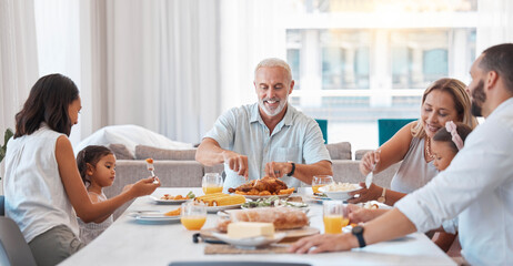 Family, breakfast and food with a senior man eating during a visit from his children and...