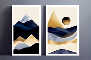 Two posters with watercolor mountain view. Illustration, Generative AI