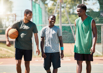 Black men, team building or bonding on basketball court in fitness break, workout or training in competition, game or match. Smile, happy or talking ball players, friends or community sports athletes - Powered by Adobe