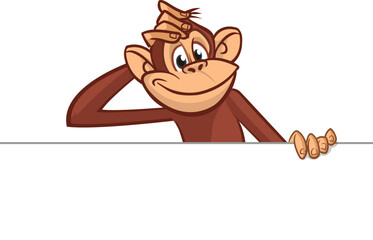 Cartoon monkey chimpanzee holding blank empty white paper or placard for menu or greetings. Vector illustration of happy monkey character