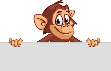 Cartoon monkey chimpanzee holding blank empty white paper or placard for menu or greetings. Vector illustration of happy monkey character © drawkman